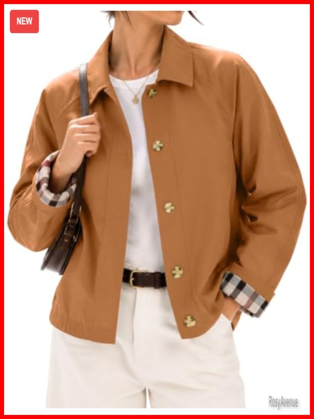 Womens Short Trench Jacket Plaid Lining Button Front Lightweight Casual